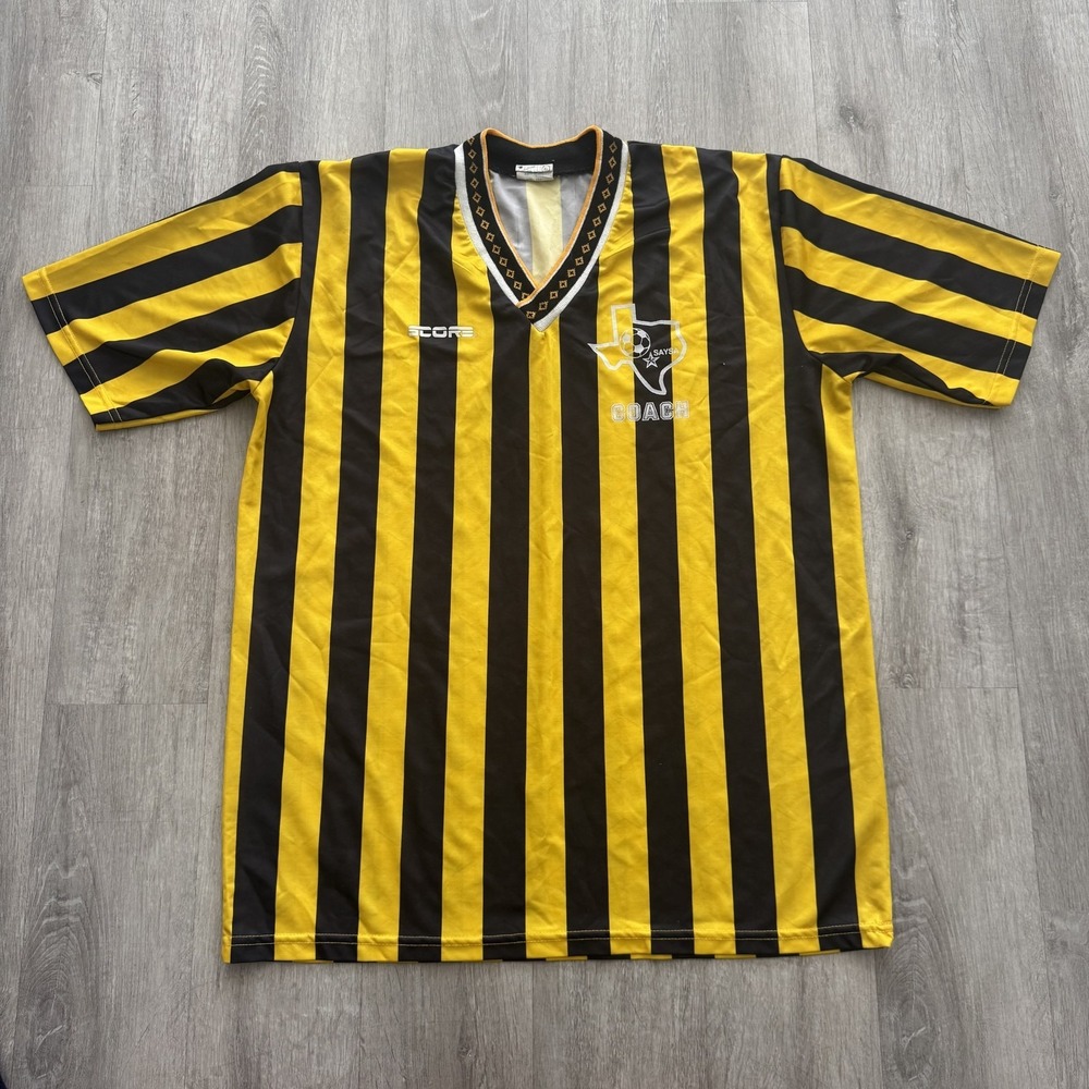 Vintage Score Mens XL Yellow Black Stripe SAYSA Texas Coach Soccer Jersey